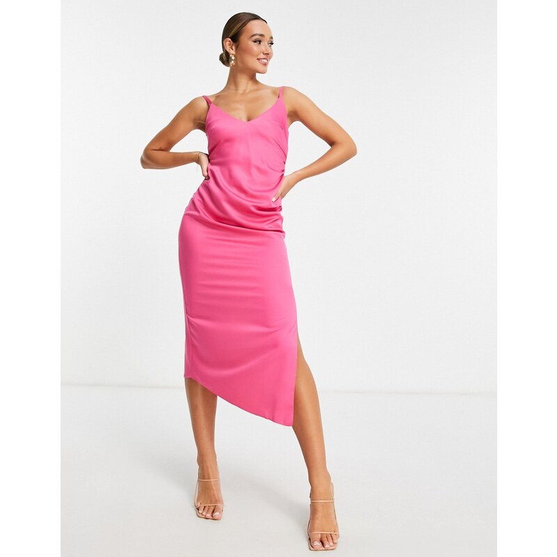 Vesper - Vestito midi in raso rosa acceso con spacco sulla coscia