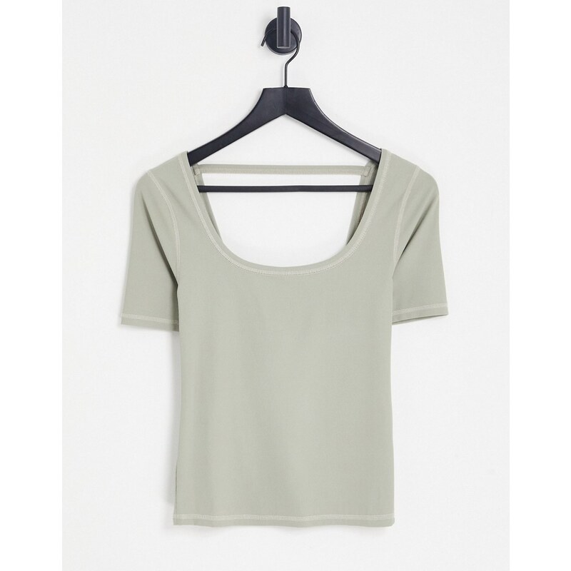 Topshop - T-shirt basic premium verde salvia con dettagli a contrasto e scollo rotondo