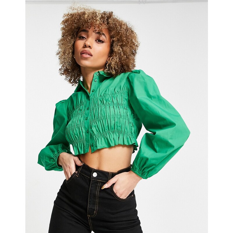 Topshop - Camicia in popeline verde arriccaita stile anni '70 con colletto
