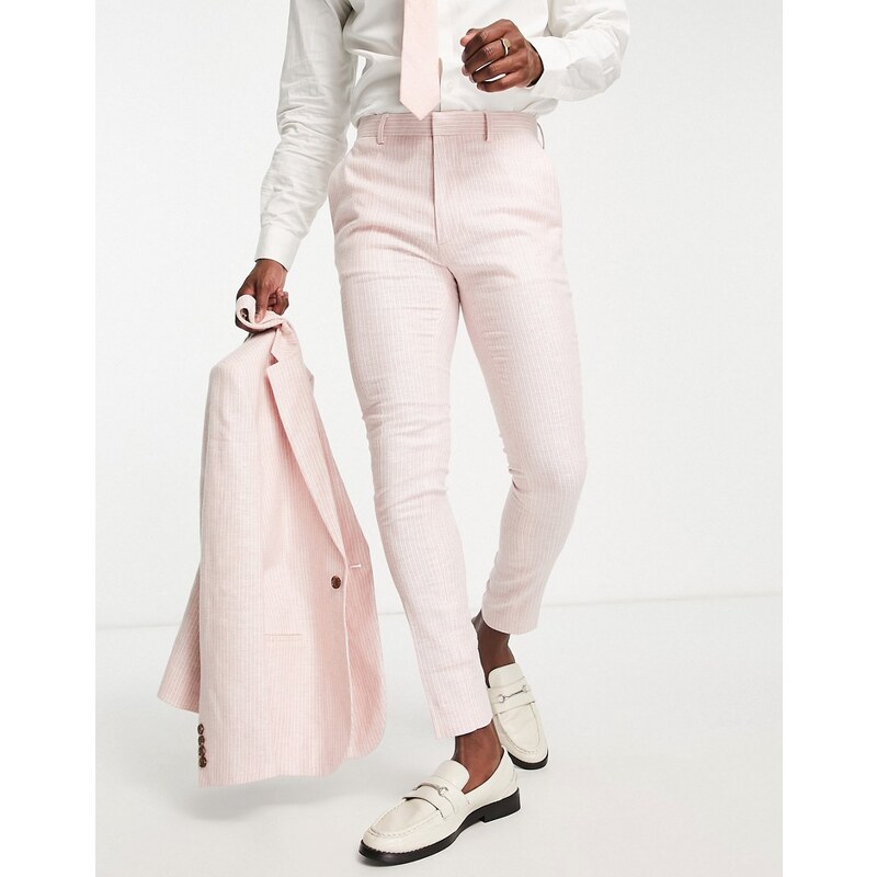 ASOS DESIGN - Pantaloni da abito skinny in misto lino rosa gessato