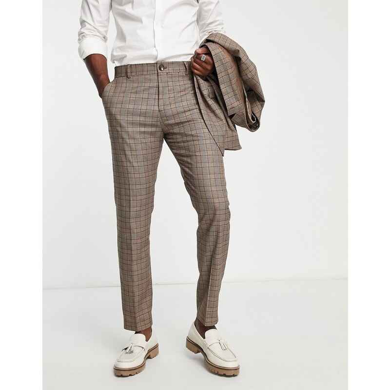 Selected Homme - Pantaloni da abito slim marroni a quadri-Marrone