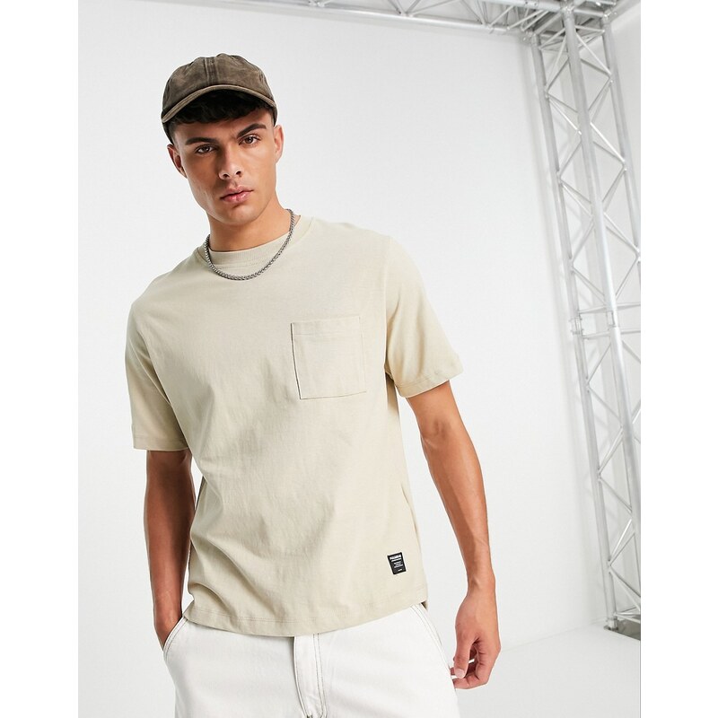 Pull&Bear - T-shirt oversize beige con tasca-Neutro