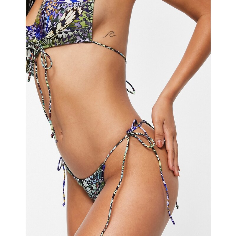 Jaded London - Slip bikini con allacciatura laterale e stampa iridescente di farfalle-Multicolore