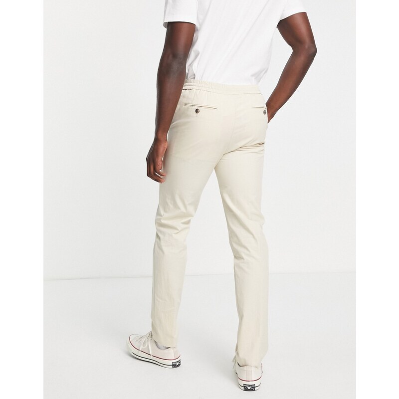 Topman - Pantaloni da abito skinny in cotone con vita elasticizzata écru slavato-Bianco