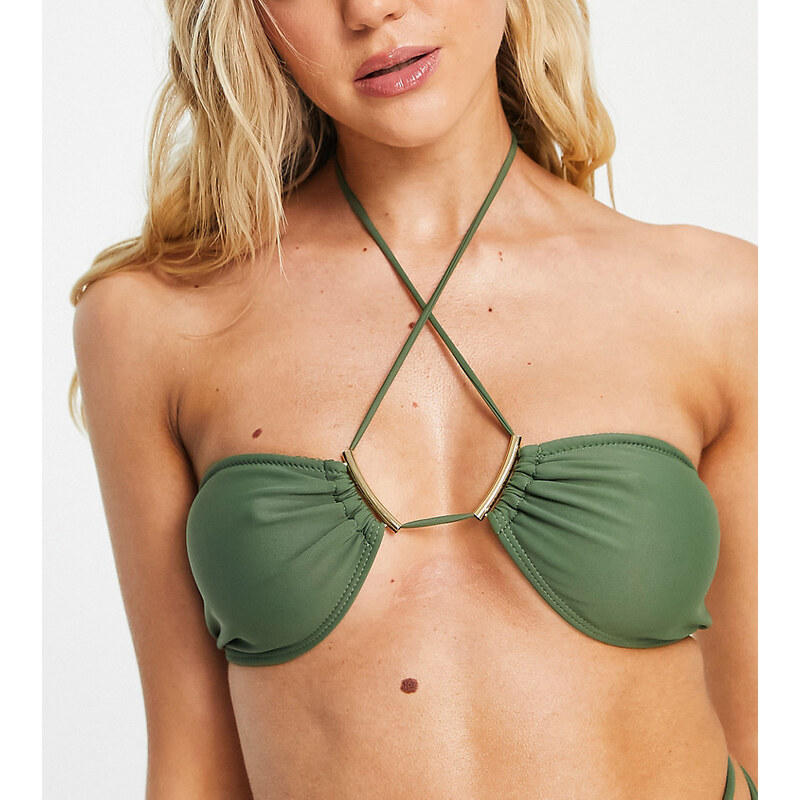 Missguided - Top bikini kaki allacciato al collo-Verde