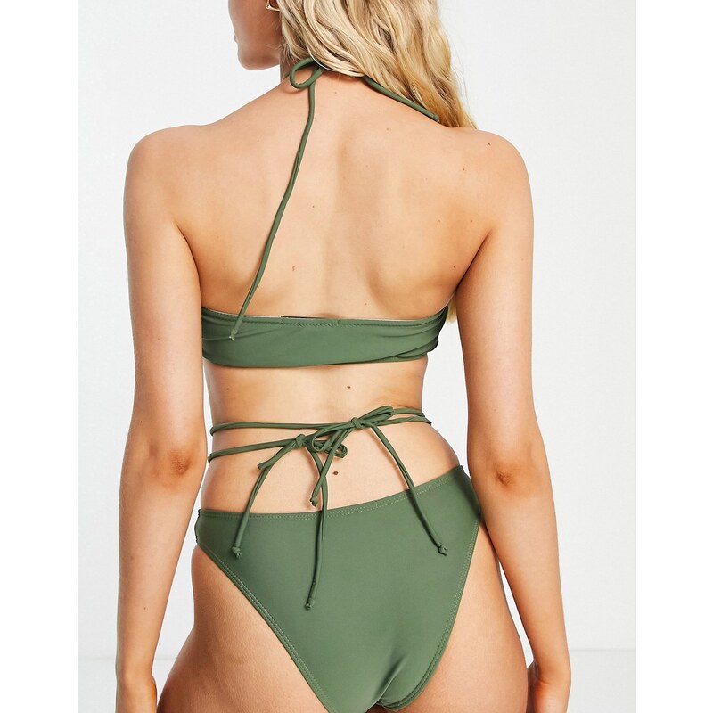 Missguided - Top bikini kaki allacciato al collo-Verde