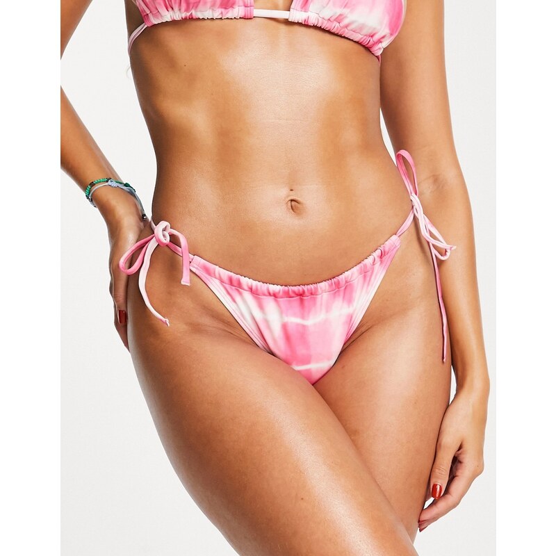 Monki - Slip bikini con laccetti laterali rosa tie-dye