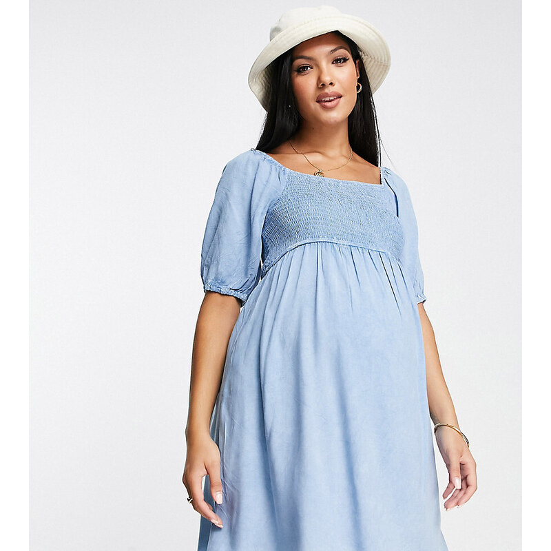 New Look Maternity - Vestito corto in denim arricciato con maniche a sbuffo azzurro-Blu