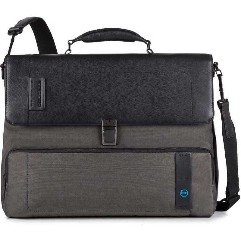 Piquadro Cartella con tasca esterna in pelle e tessuto