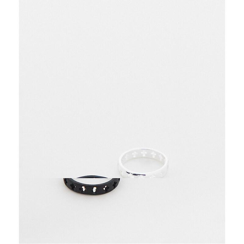 ASOS DESIGN - Confezione da 2 anelli a fascia con cut-out a forma di croce color argento e nero opaco-Multicolore