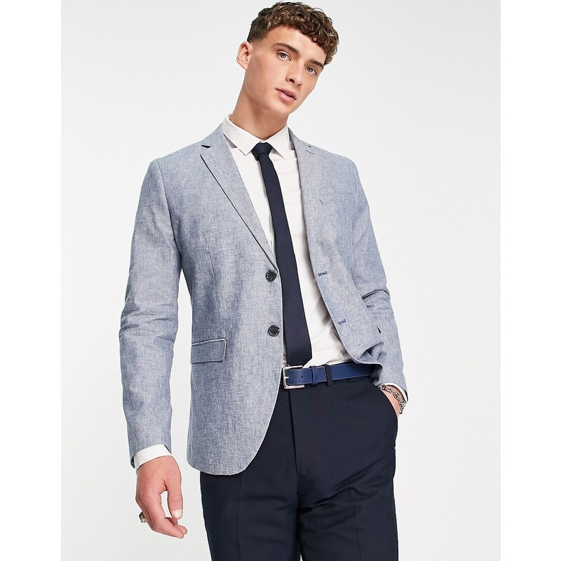 Jack & Jones Premium - Giacca da abito slim in misto lino blu