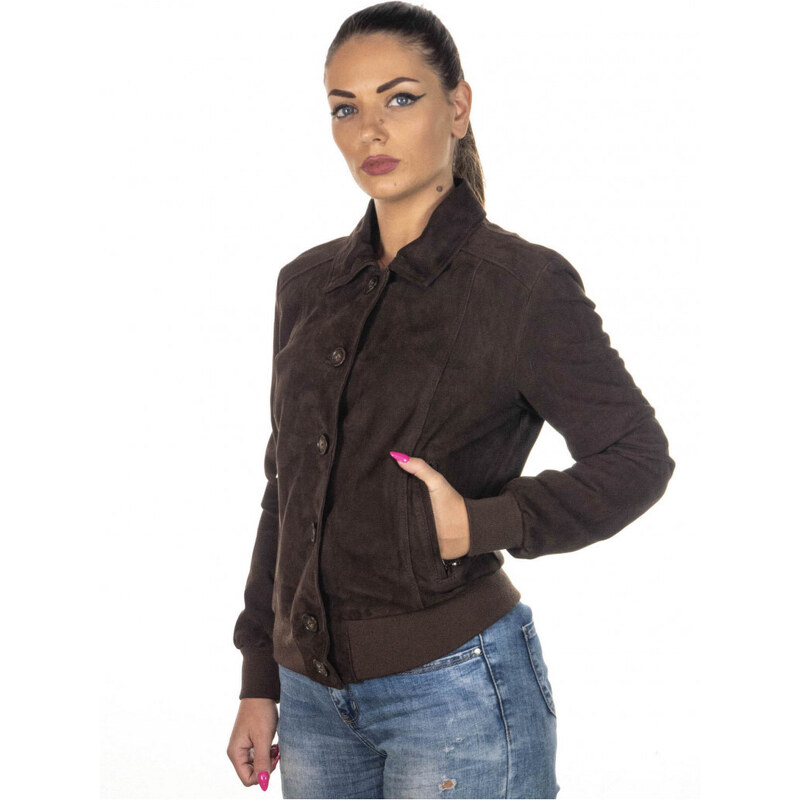 Leather Trend Polo - Bomber Donna Testa di Moro in vera pelle camoscio