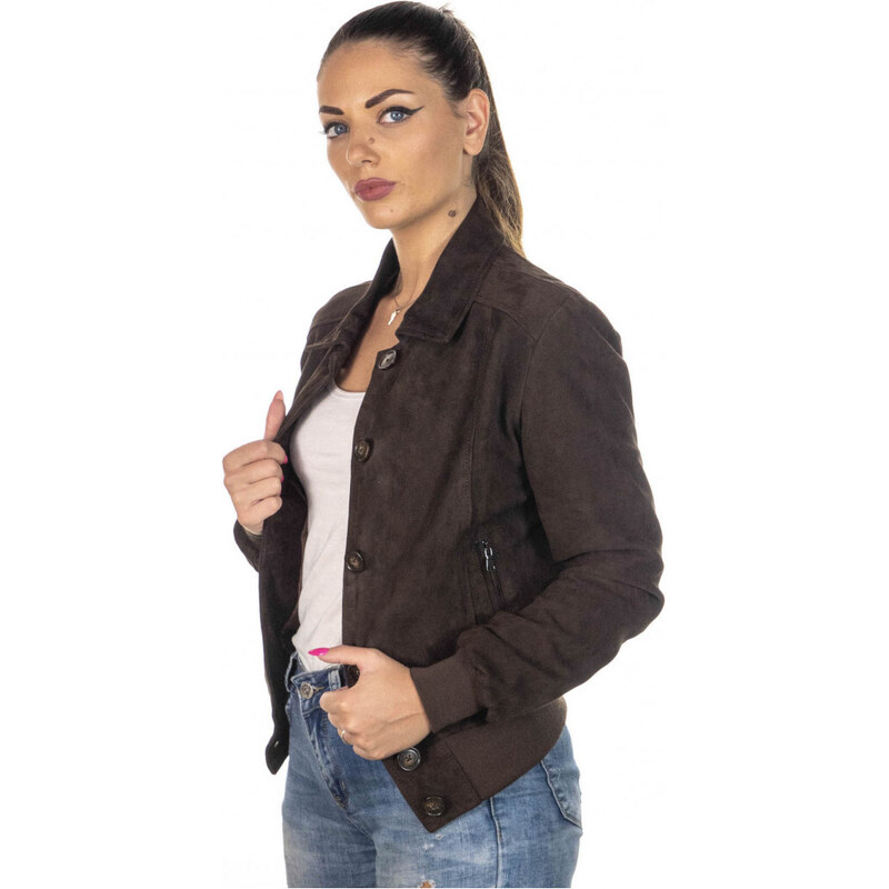 Leather Trend Polo - Bomber Donna Testa di Moro in vera pelle camoscio