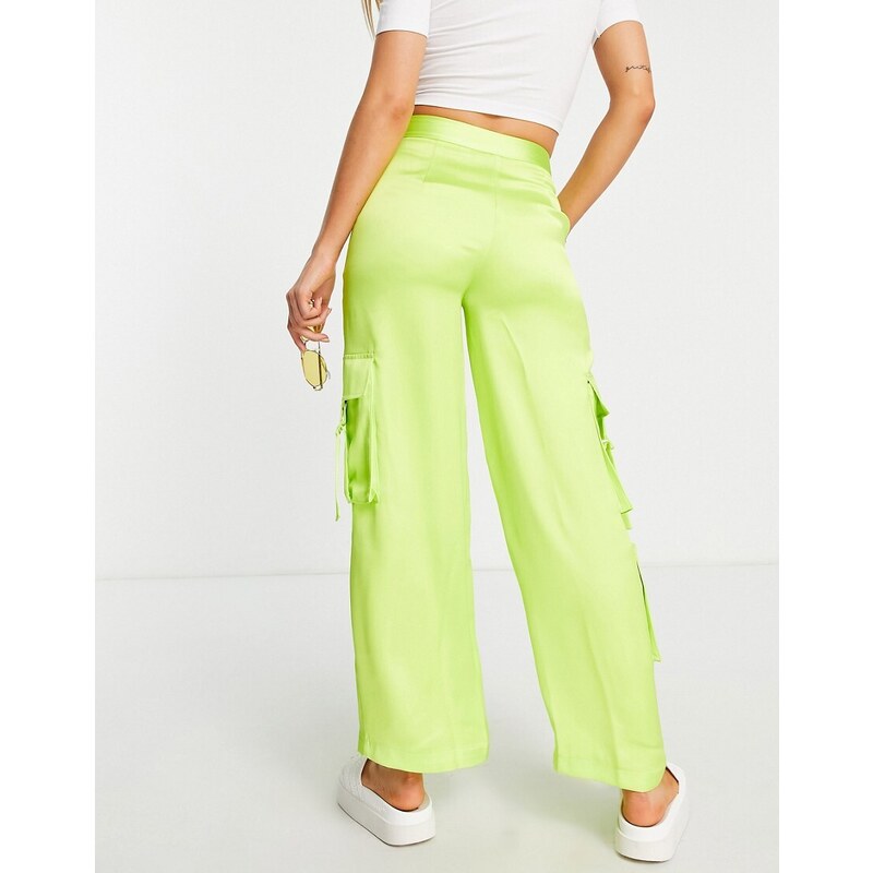 COLLUSION - Pantaloni cargo in raso verde lime