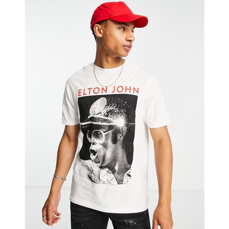 New Look - T-shirt bianca con stampa Elton John-Bianco