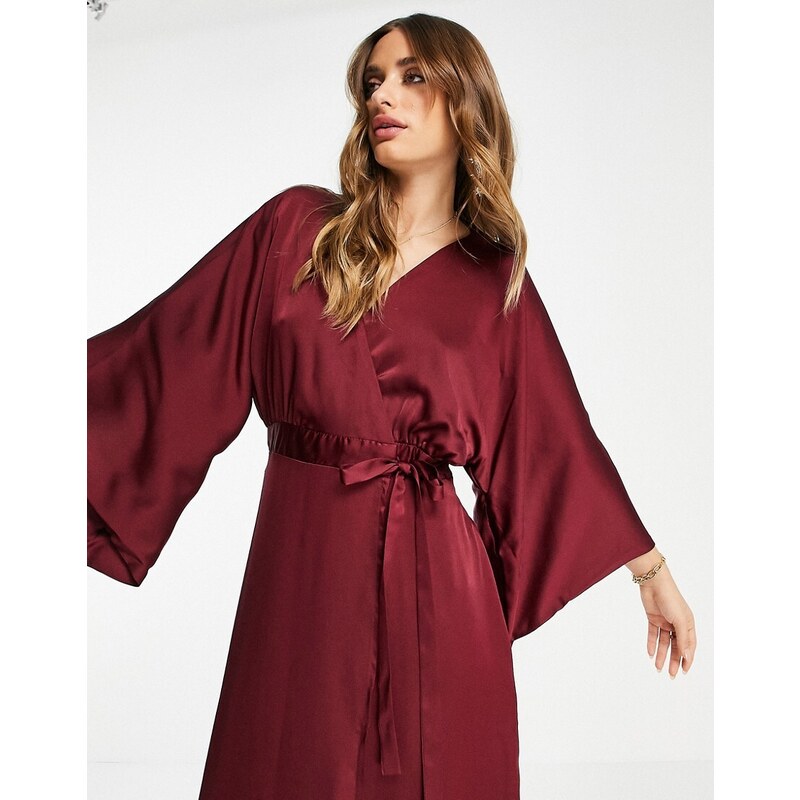 TFNC - Vestito lungo da damigella avvolgente in raso color mora con maniche a kimono-Rosa