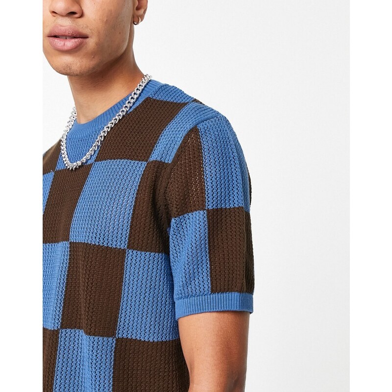 ASOS DESIGN - T-shirt in maglia a rete a scacchi marroni e blu-Multicolore