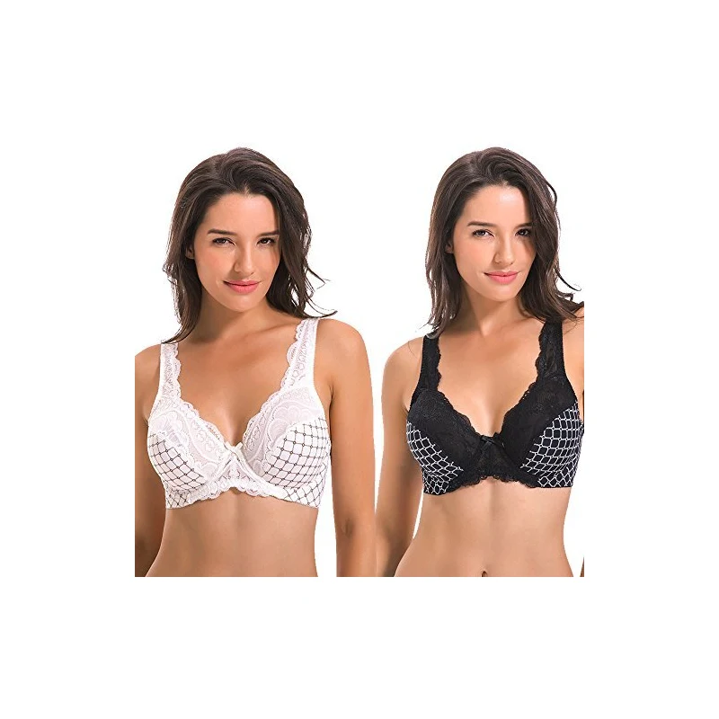 Curve Muse Grote maat Minimizer Beugel Ongevoerde bh's met geborduurd kant- Verpakking Van 3 Stuks-Wit,Zwart,Karnemelk-80F