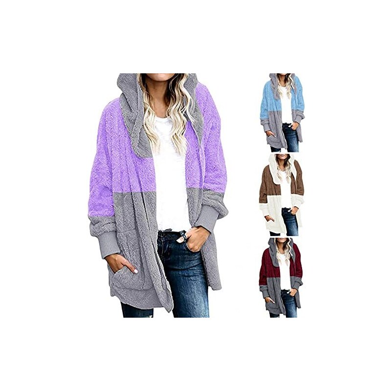 HHWY Giacca di peluche da donna con cappuccio, giacca invernale da donna, lunga e calda, da donna, Y2k, giunture fuzzy, in pile, con tasche, giacca con cappuccio, giacca invernale da montagna, Lilla, XXL