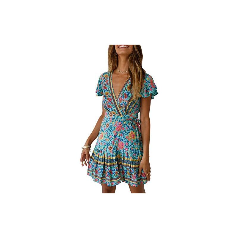 Abito Estivo Corto Lady Tea, Manica A Pipistrello, Scollo A V, Stile Boho Hippie In Pizzo Giallo