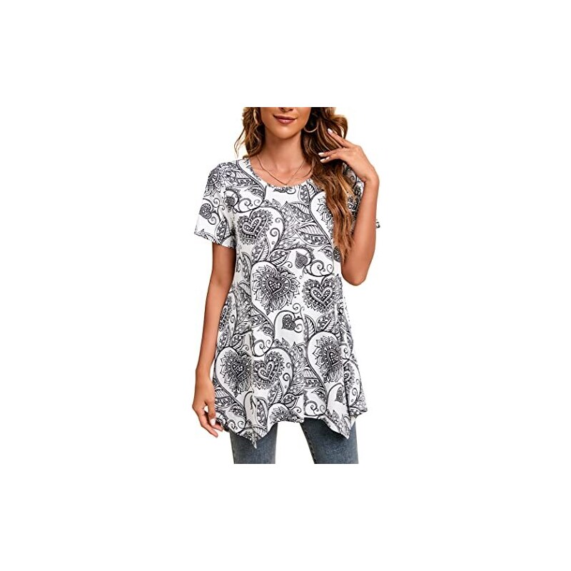 ZHAWEIYC, maglietta da donna alla moda, casual, a maniche corte, con motivo floreale, stampato, elegante, morbida, tinta unita, casual, casual, a tunica, a maniche lunghe, traspirante, basic, Bianco