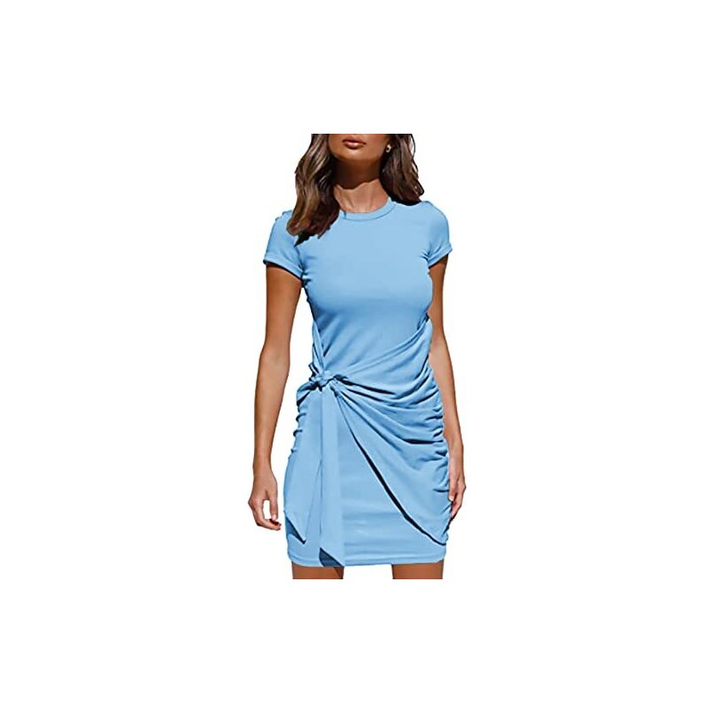 heekpek Vestito Corto Donna Estivo Vestito Aderente Cotone Abito Casual Donna Vestito Manica Corta Girocollo con Pieghe, Azzurro, M