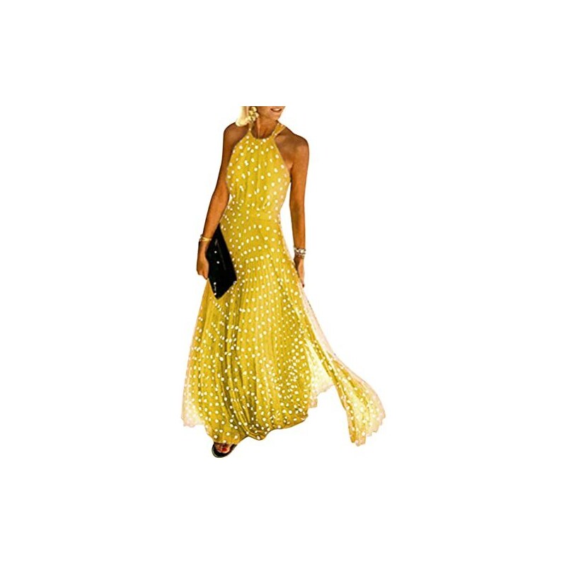 ORANDESIGNE Abito Lungo da Sera Cerimonia Donna Maxi Vestito Senza Maniche  Schiena Scoperta con Stampa di Floreale Sexy Elegante Vintage 02 Giallo 40  