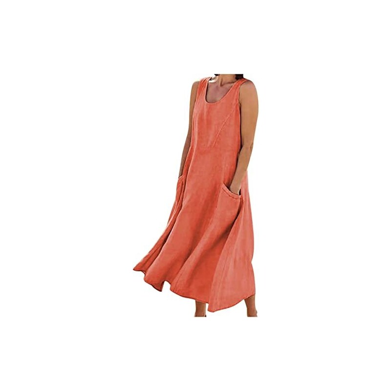 Abito Estivo In Lino Di Cotone Per Donna, Stile Retrò Letterario, Manica Corta, Vestito Ampio Tinta Unita - 3