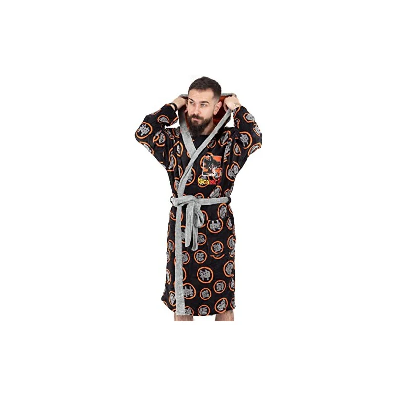 Dragon Ball Z – Accappatoio Uomo Goku Nero, Con Cappuccio E Cintura, Stampato Simboli Guerrieri, Taglie S-XXL