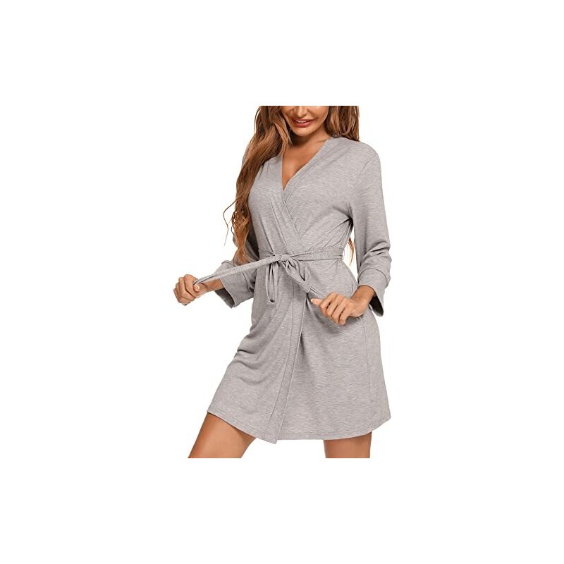 BESDEL Accappatoio Da Donna In Cotone Kimono Leggero Accappatoio Corto In Maglia Indumenti Da Notte Morbidi Vestaglia Da Damigella D'Onore Grigio XXL