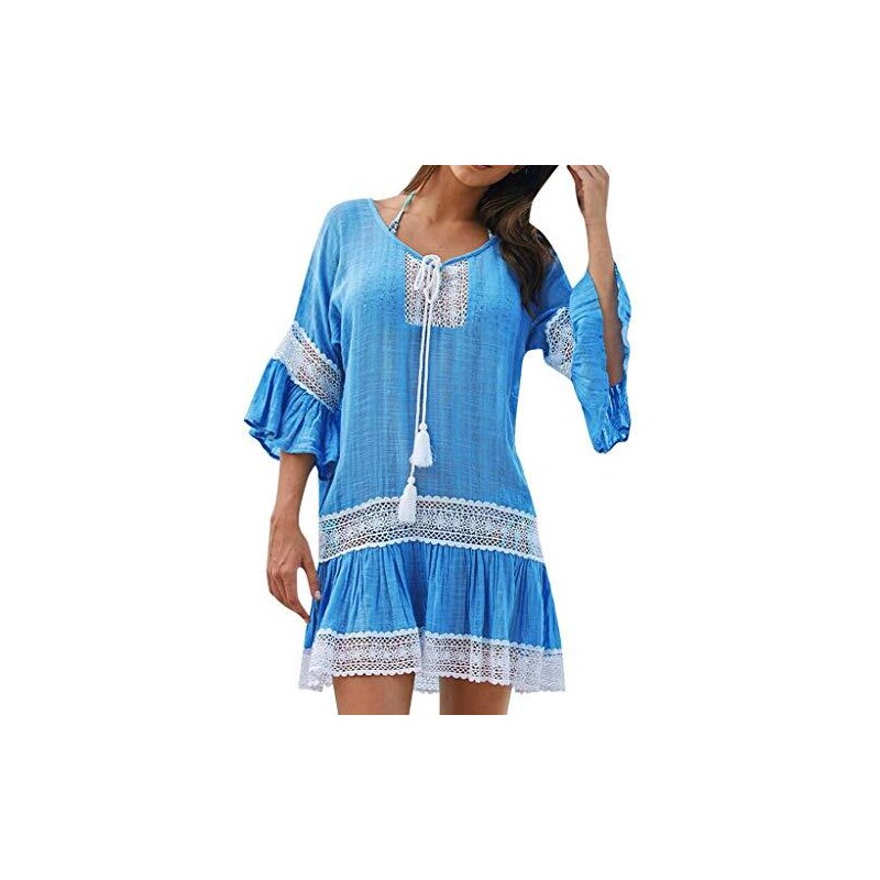 Donna Copricostume Spiaggia In Chiffon Leggero - Tunica Lunga Con Scollo A V, Maniche Corte, Vestito Copri Bikini Estivo (Taglie S-XL)
