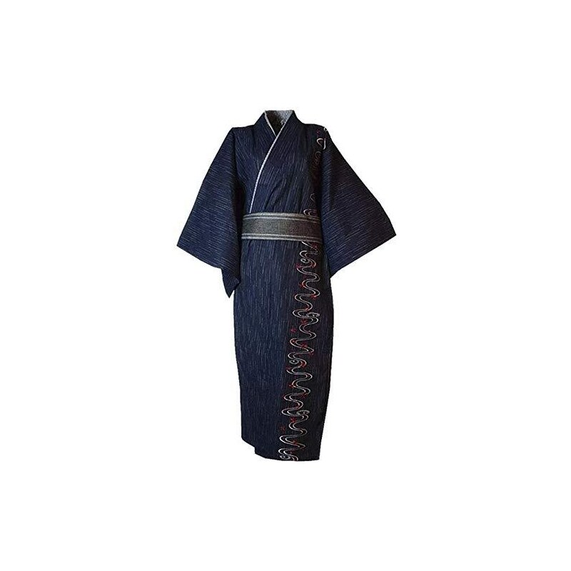 kimono giapponese yukata in cotone nero, KINUME, fiori di prugna dorata