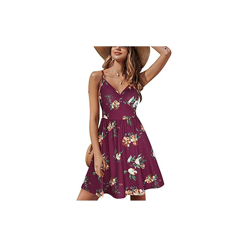 STYLEWORD Abito da Donna con Scollo a V Senza Maniche Abito Estivo Floreale con Spalline Regolabili Abito Longuette Scamiciato Abito da Spiaggia con Tasche Stileo