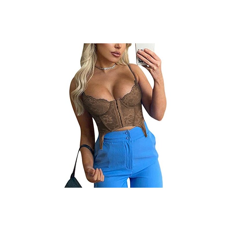 Top Donna In Pizzo Con Allacciatura Al Collo - Senza Maniche, Trasparente, Stile Y2K - 93% Poliestere 7% Elastan