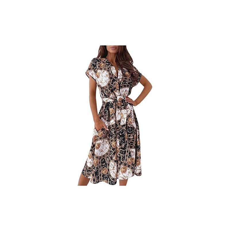 Abito Lungo Maxi Donna Stile Boho, Stampa Floreale, Maniche 3/4, Scollo A V, Chiffon, Per Spiaggia E Festa