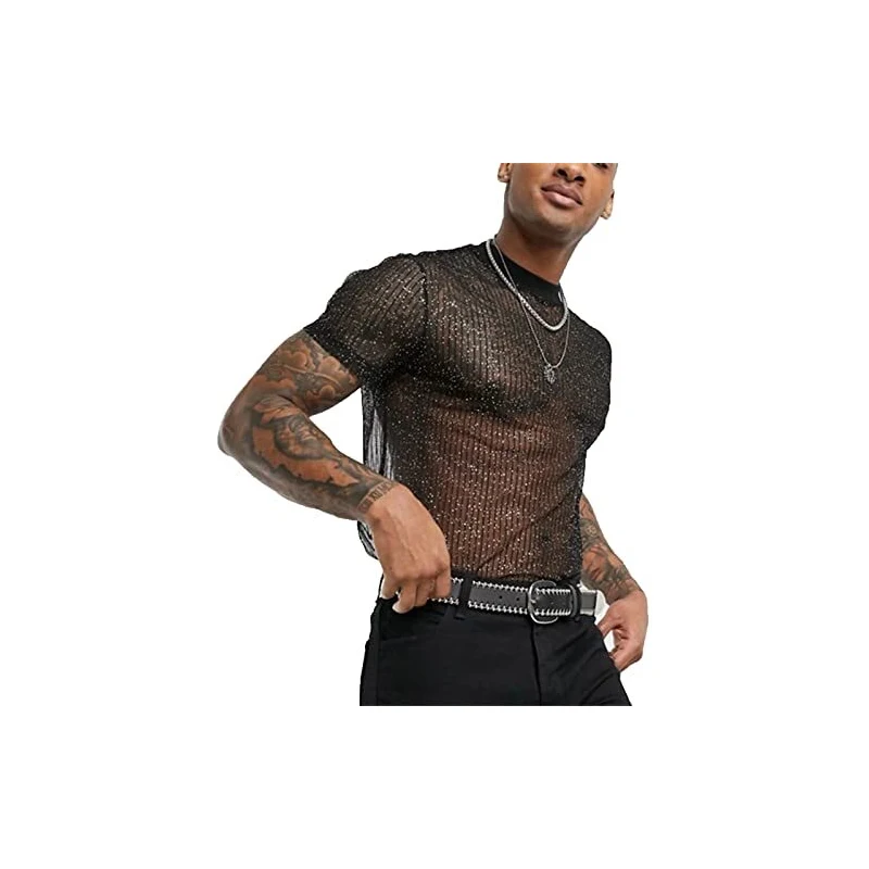 JYJFORYOU T-Shirt Trasparente da Uomo T-Shirt Sexy See Through Mesh Top