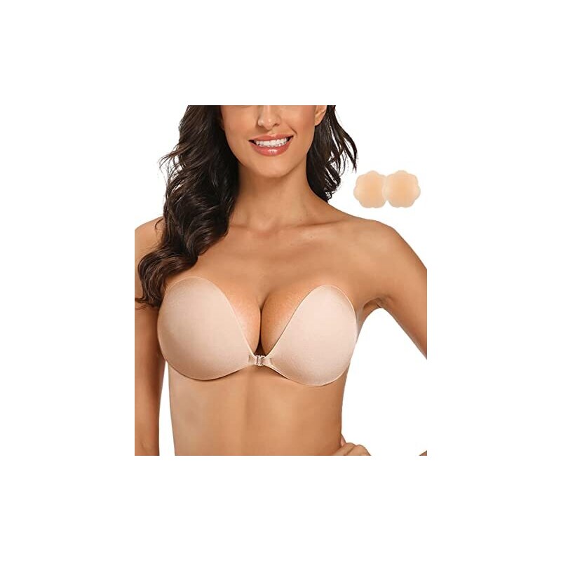 2 Reggiseni Adesivi Invisibili Push-Up - Senza Spalline E Schiena - Include Coppette E Copricapezzoli - Beige/Nero