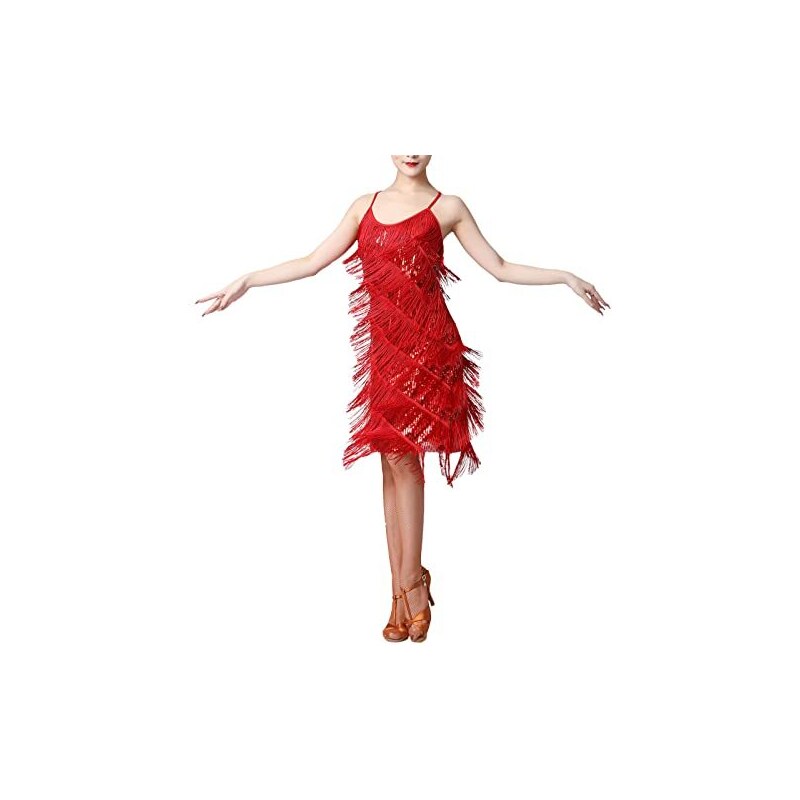 FYMNSI Charleston - Costume da donna anni '20, con frange, con paillettes,  con nappa, abito latino, da ballo, festival, salsa tango, Colore: rosso,  XXL 