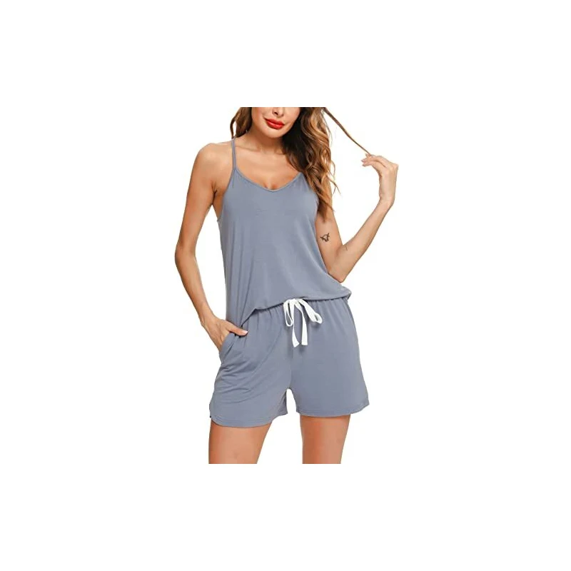 Lovasy Pigiama Donna Estivo in Maglia a Coste Pigiama Set Corto Scollo a V e Maniche Corte 2 Pezzi Pigiama da Casa Leggero Sleepwear Pigiama,A Blu,S