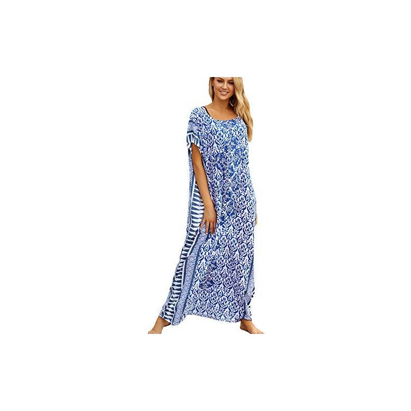 Donna Kaftano Abito Lungo Da Spiaggia Con Ricami Floreali – Copricostume Copribikini Leggero, Scollo A V, Maniche A Pipistrello - 4
