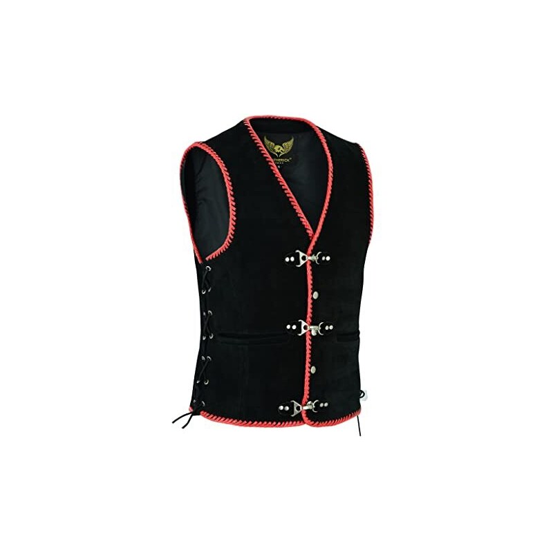 Leatherick SOA Hommes Biker Gilet - Côté Lacet Cuir Denim - Noir - XXL