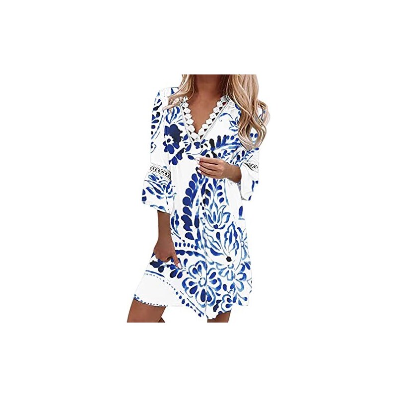 QWUVEDS Abiti estivi da donna per il 2022 Abito in stile etnico con finiture in pizzo e scollo a