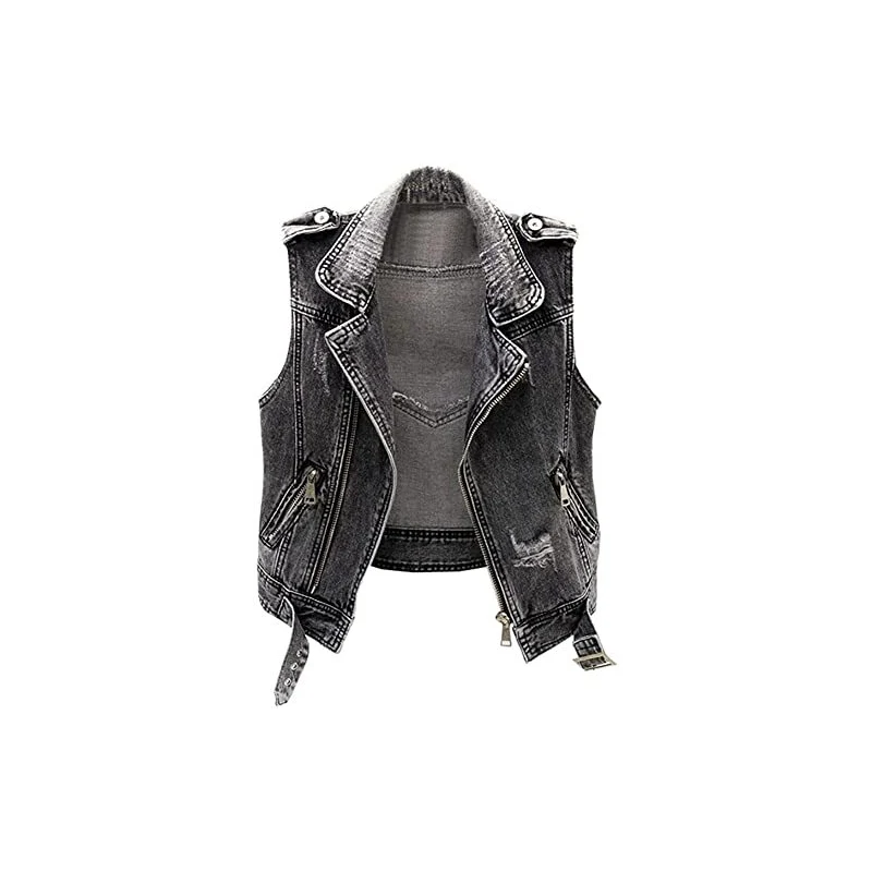 Streetwear Moto Biker Denim Gilet Donna Gilet Breve Senza Maniche Giacca Sfrangiato Jeans Gilet Femminile - 13