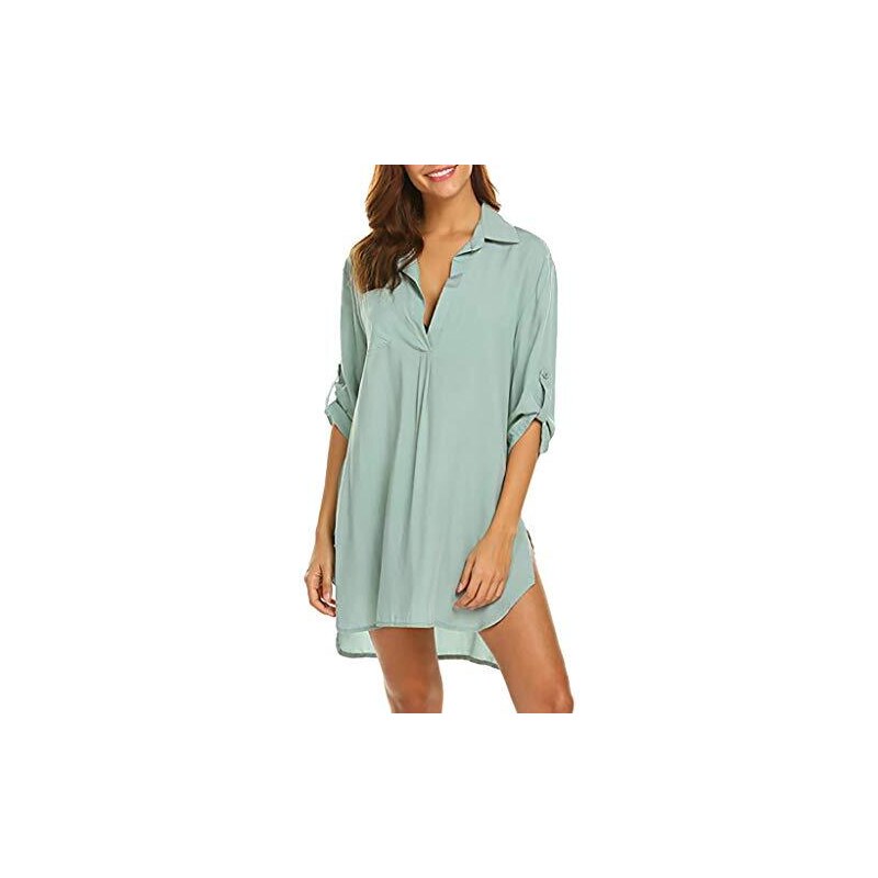 Camicia Copricostume Donna - Cover Up Spiaggia Con Scollo A V E Maniche Lunghe - Foto 3
