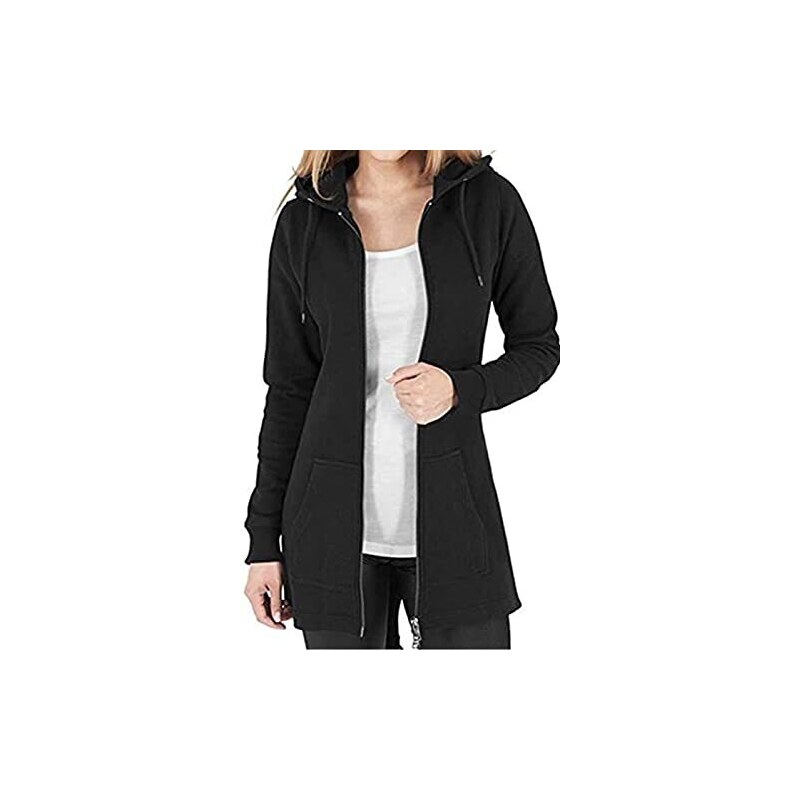 Giacca Felpa Nera Lunga Donna Felpa Oversize Con Cappuccio E Cerniera