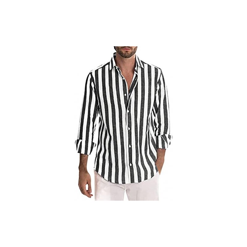 Modaworld Camicia Da Uomo In Lino A Righe Casual Camicie Con Bottoni