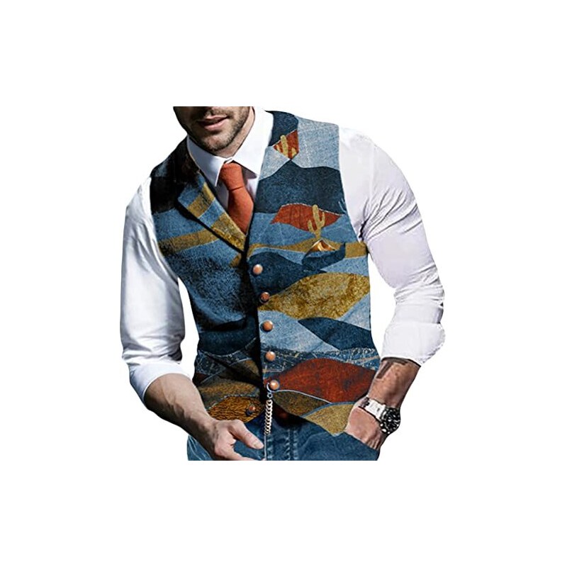 Gilet in denim da uomo con risvolto senza maniche slim fit retrò strappato casual jeans gilet per uomo tee uomo, Blu, XL