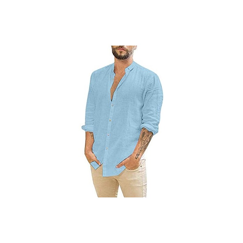 Maglietta Henley Estate Camicia Uomo Lino Maniche Corte