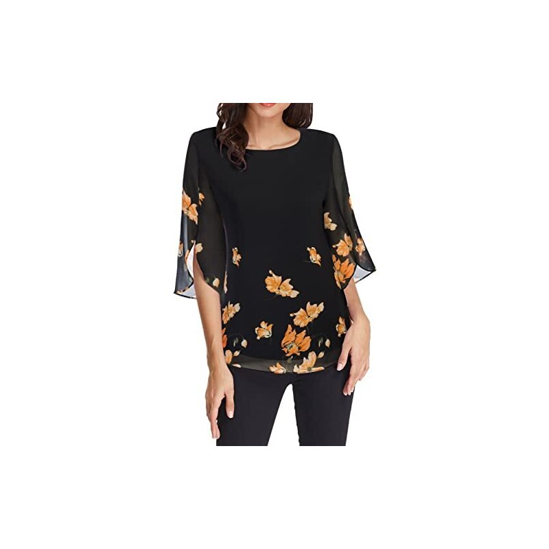 GRACE KARIN Donna Camicia Elegante Chiffon Top Manica 3/4 Puro Colore Camicetta  Blusa Nero Fiori Giallo 2XL 