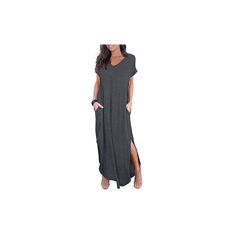 GRECERELLE Maxi-jurk voor dames, met split en zakken, zomerse casual hemdjurk, elegante stijl, basic, mouwloze, maxi-damesjurk, 01 Zwart, L